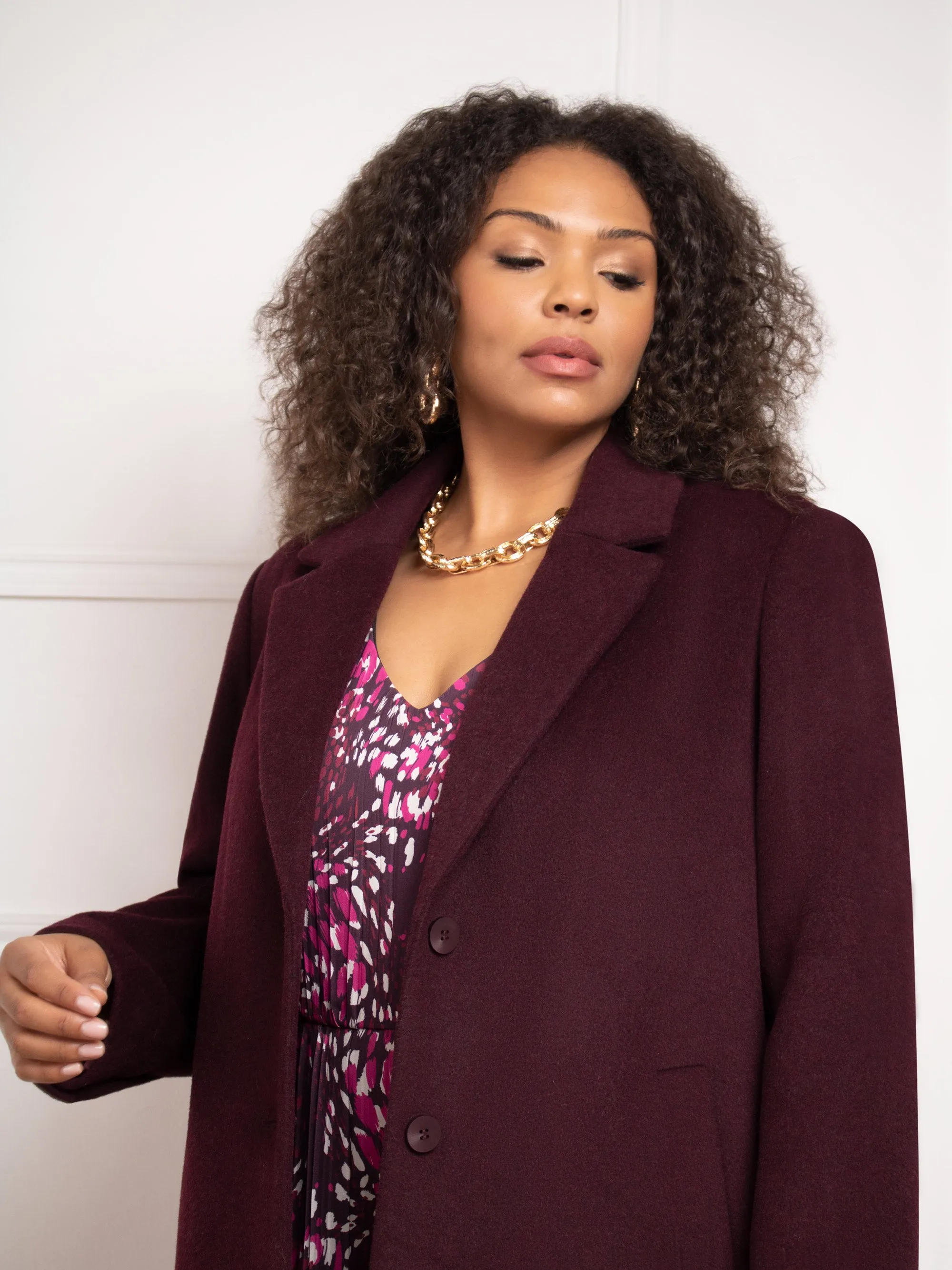 Aubergine Wool Blend Long Tailored Coat