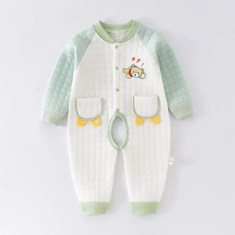 Baby autumn and winter cotton three-layer warm thickened open gear crawling suit