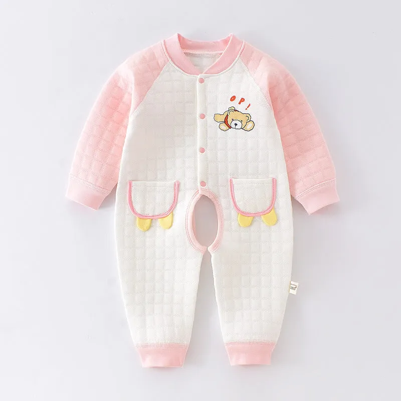 Baby autumn and winter cotton three-layer warm thickened open gear crawling suit