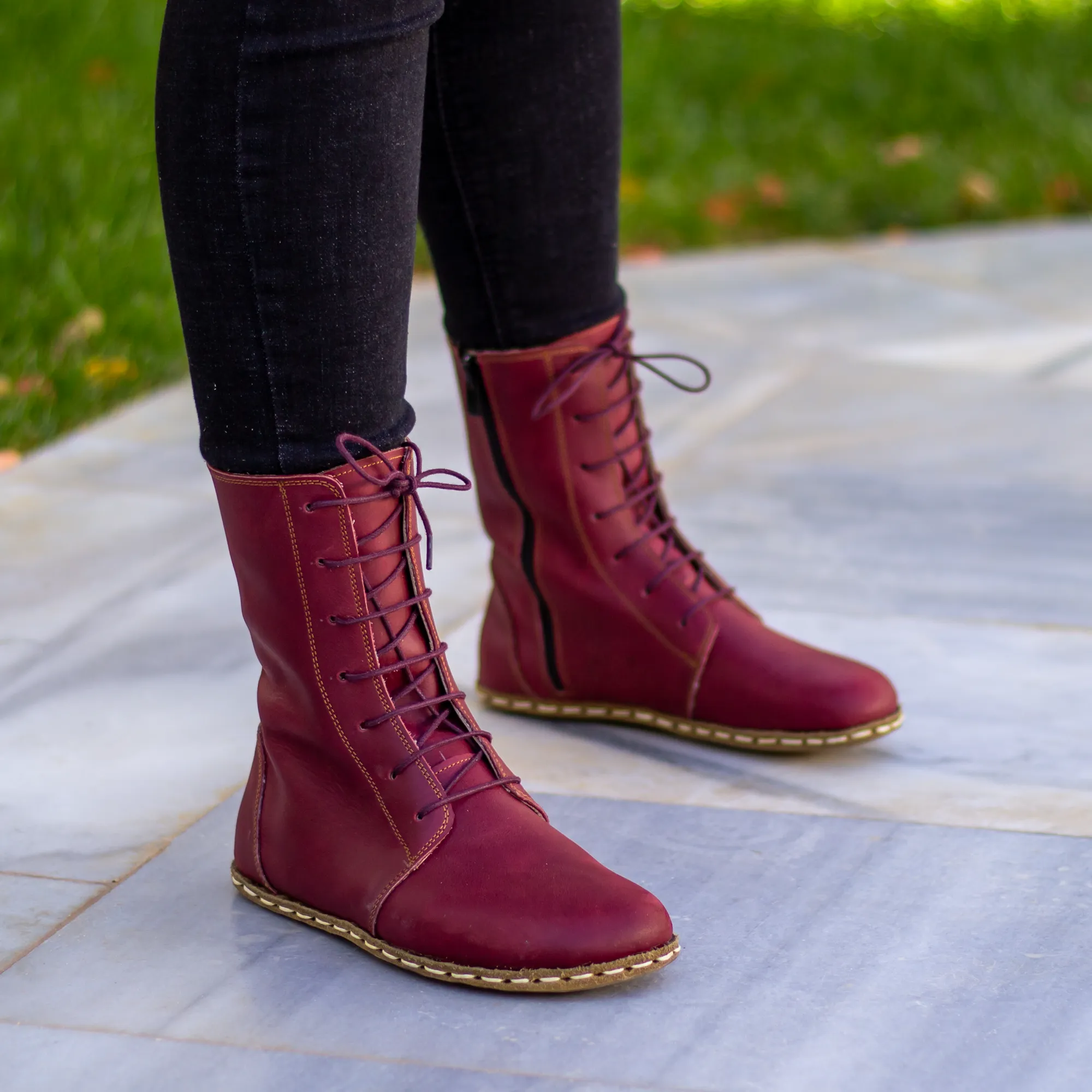 Barefoot Leather Lace-up Burgundy Boots for Women