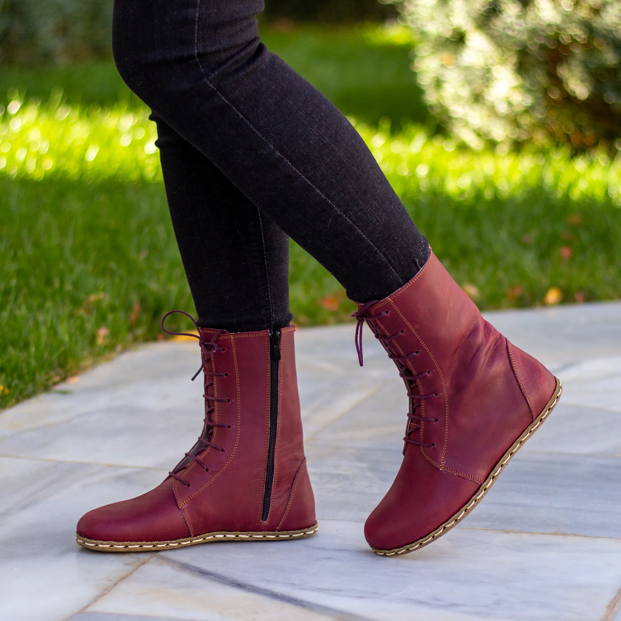 Barefoot Leather Lace-up Burgundy Boots for Women