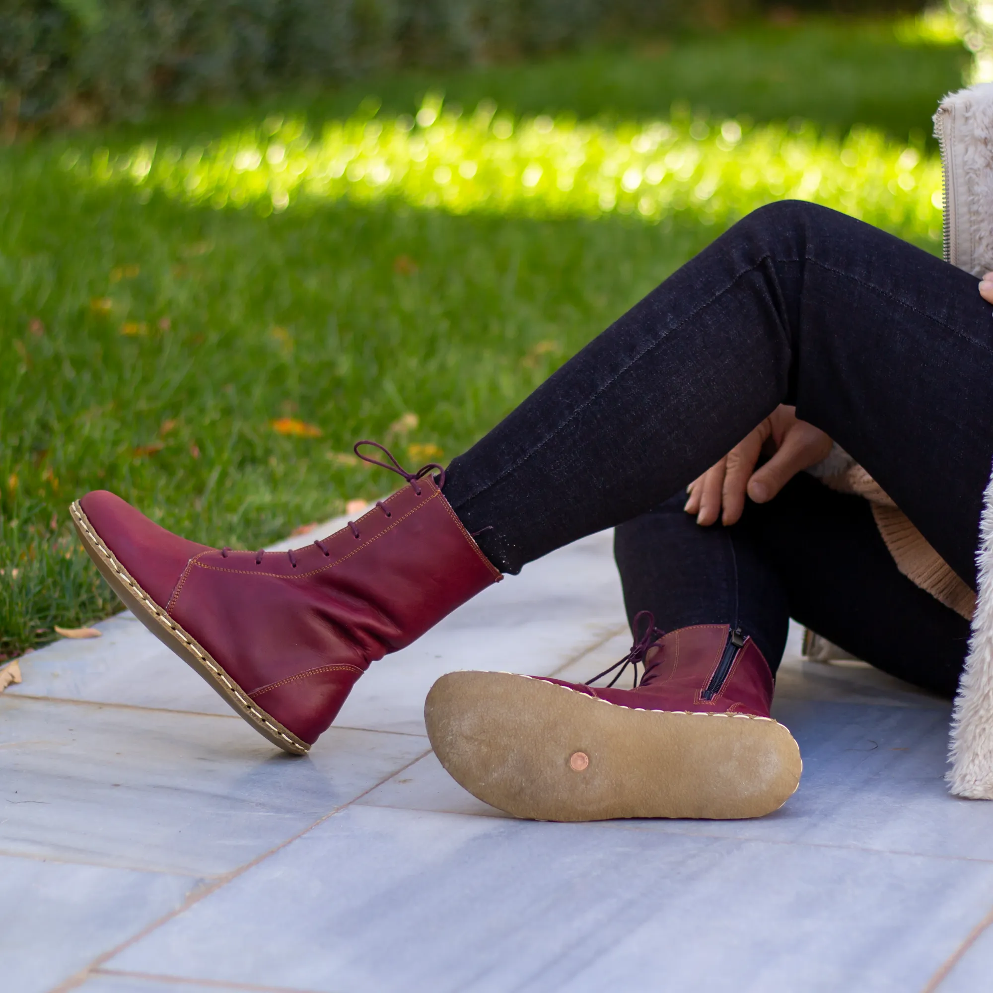 Barefoot Leather Lace-up Burgundy Boots for Women