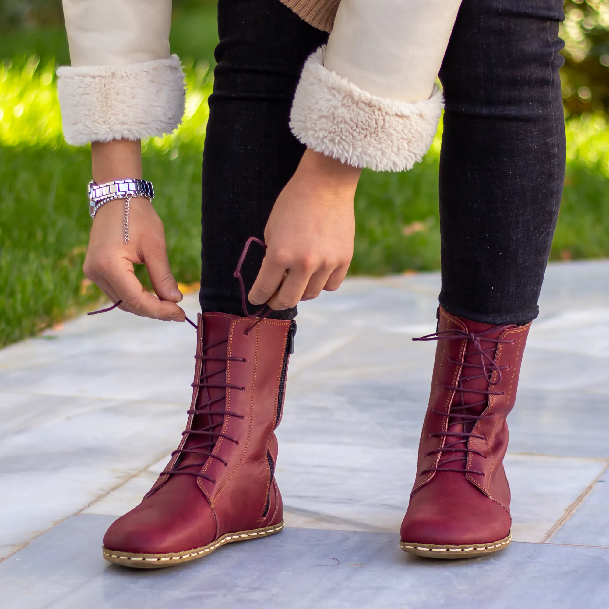 Barefoot Leather Lace-up Burgundy Boots for Women