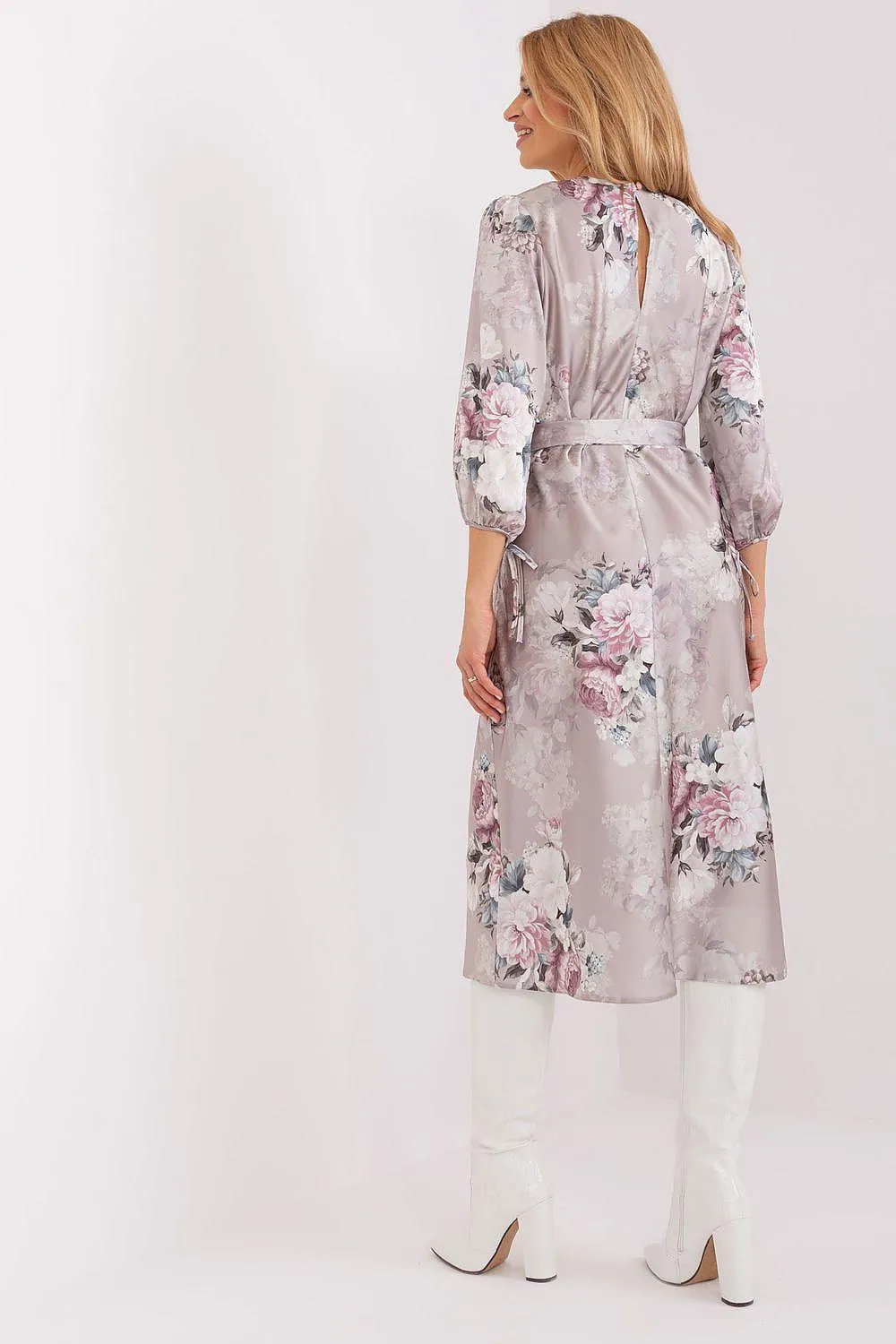 Blossom-Print Midi Dress with Elegant Puff Sleeves and Waist Tie