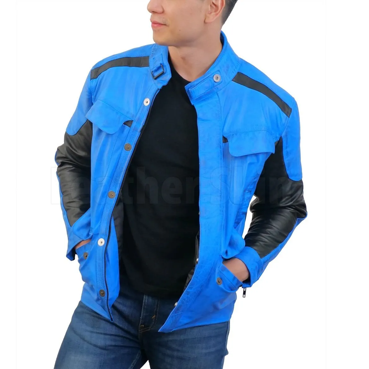 Blue Combo Biker Leather Jacket