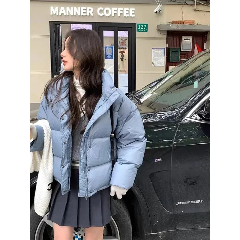 Bonnyshow Short Parkas Women Streetwear Cropped Down Coat Korean Sweet Puffer Jacket Winter Solid Casual All Match Cotton Padded Outwear