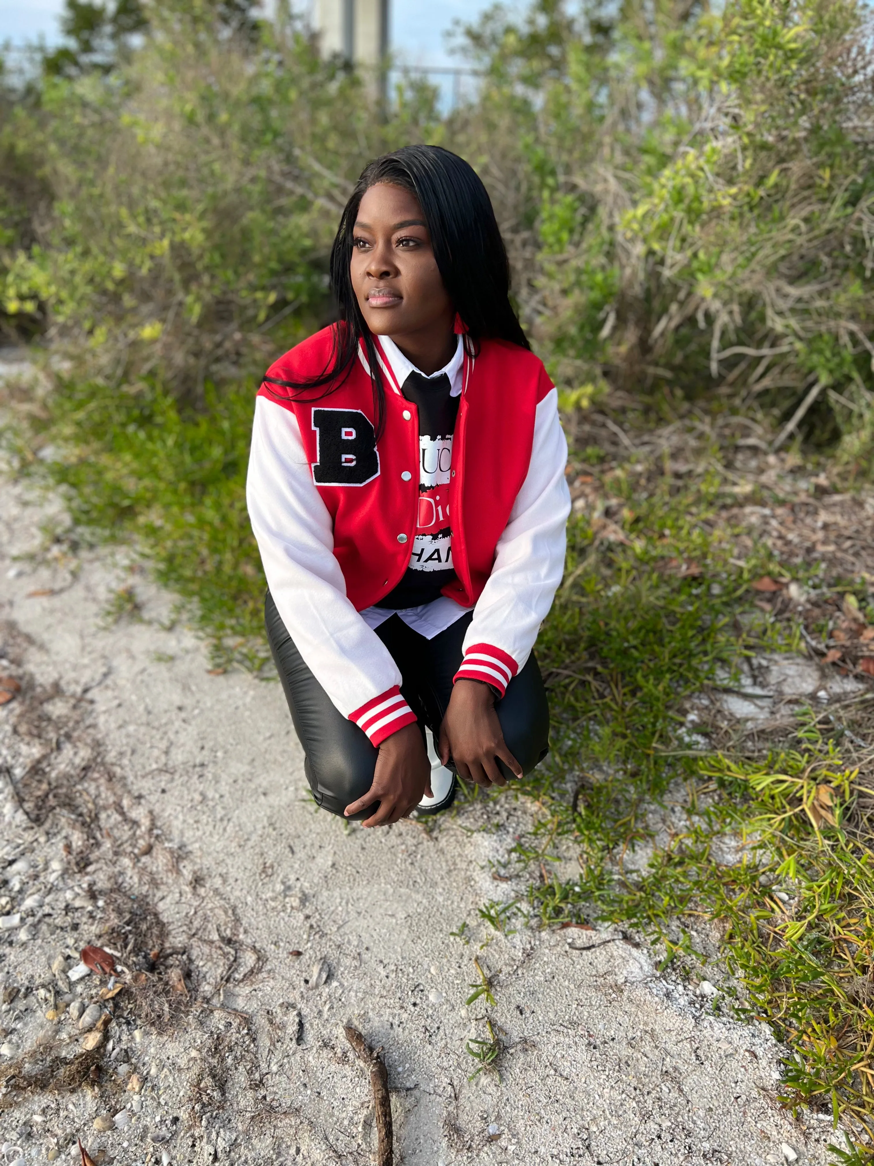 BRINGING YOUTH BACK VARSITY LETTER PATCH JACKET RED