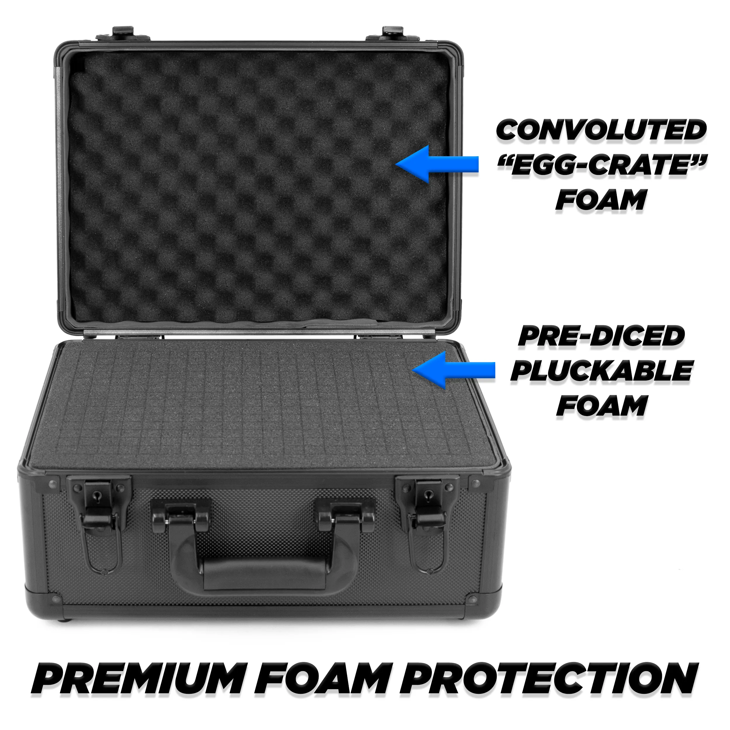 CASEMATIX 14" Locking Storage Box with Customizable Foam - Aluminum Frame Lock Boxes for Personal Items with Two Keys for Tools, Electronics and More