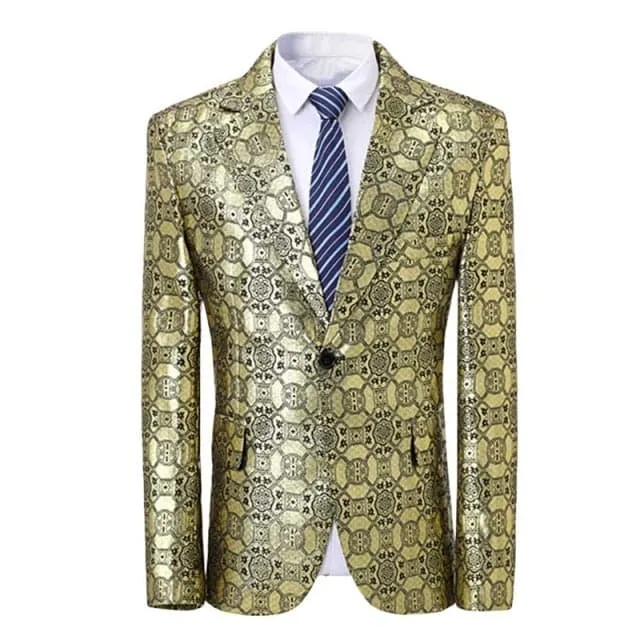 CGSUITS Men's Fashion Golden Yellow Luxury Style Geometric Design Jacquard Blazer Suit Jacket