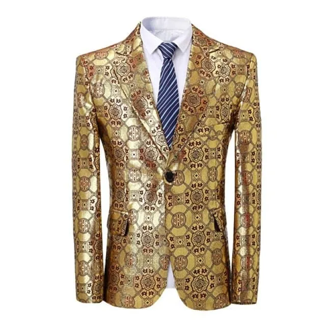 CGSUITS Men's Fashion Golden Yellow Luxury Style Geometric Design Jacquard Blazer Suit Jacket