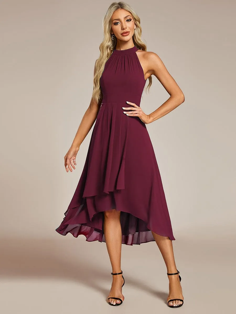 Chic Lila | Midi Halter Neck Chiffon Wedding Guest Dress with Sleeveless and A-Line