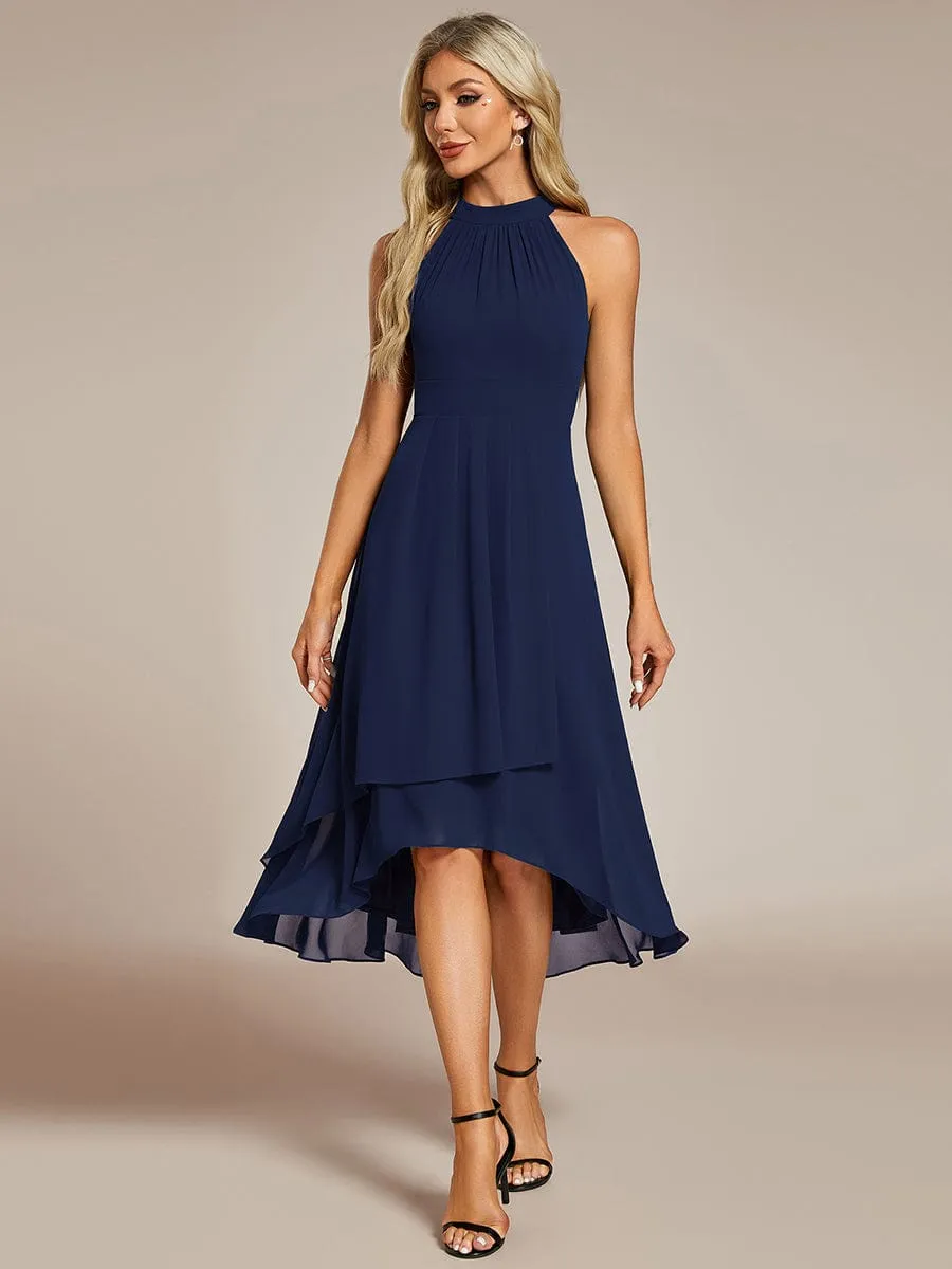 Chic Lila | Midi Halter Neck Chiffon Wedding Guest Dress with Sleeveless and A-Line