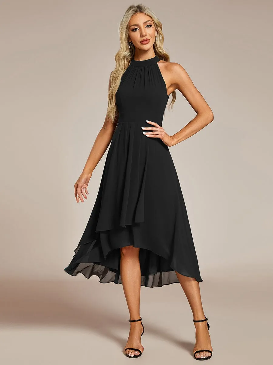 Chic Lila | Midi Halter Neck Chiffon Wedding Guest Dress with Sleeveless and A-Line