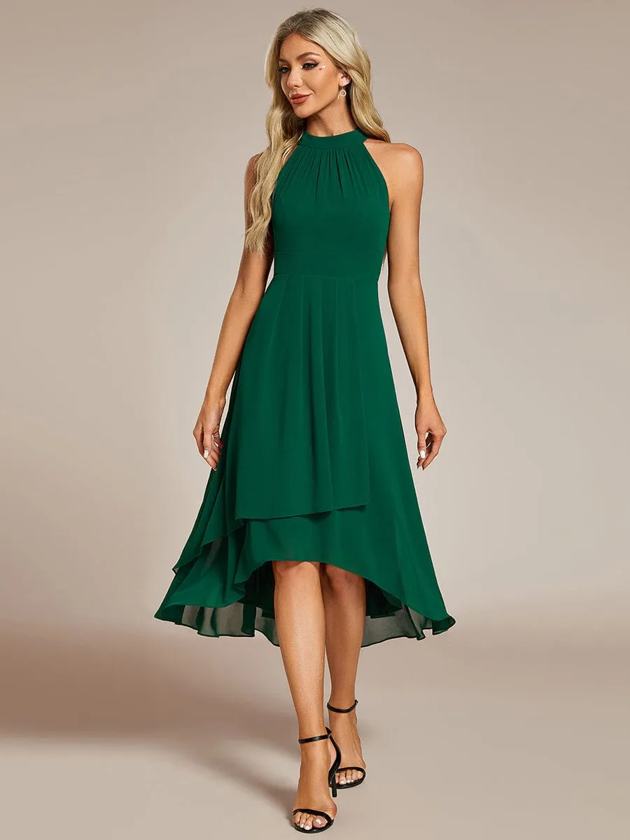 Chic Lila | Midi Halter Neck Chiffon Wedding Guest Dress with Sleeveless and A-Line