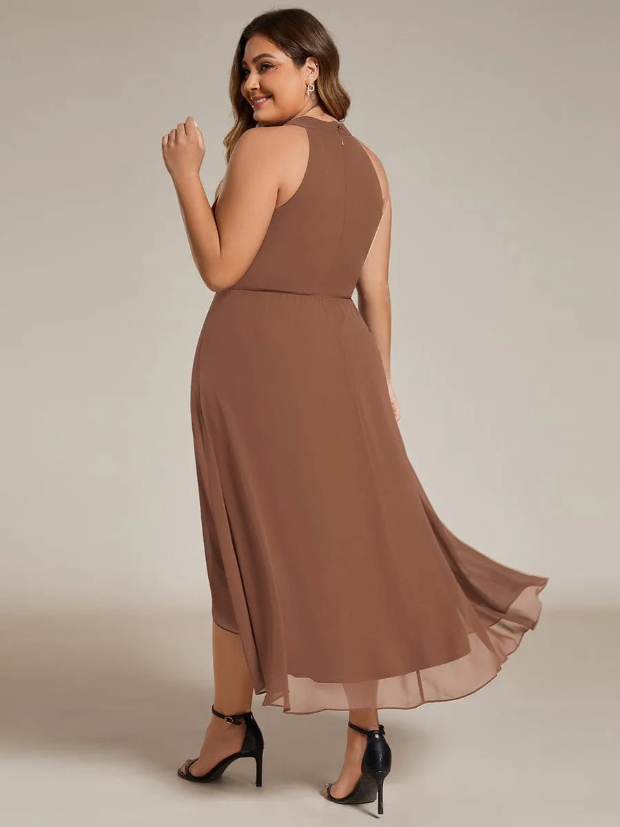 Chic Lila | Midi Halter Neck Chiffon Wedding Guest Dress with Sleeveless and A-Line