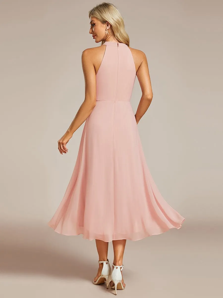 Chic Lila | Midi Halter Neck Chiffon Wedding Guest Dress with Sleeveless and A-Line