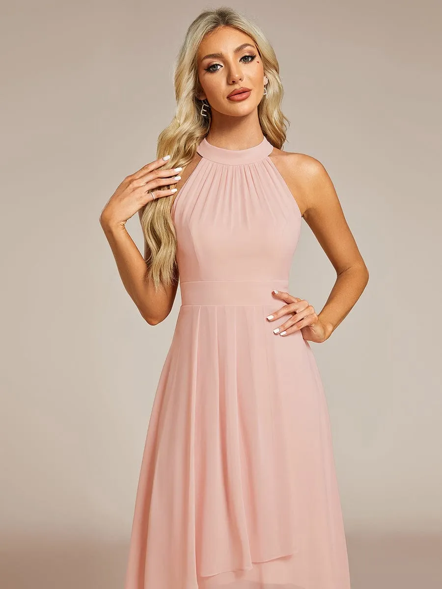 Chic Lila | Midi Halter Neck Chiffon Wedding Guest Dress with Sleeveless and A-Line