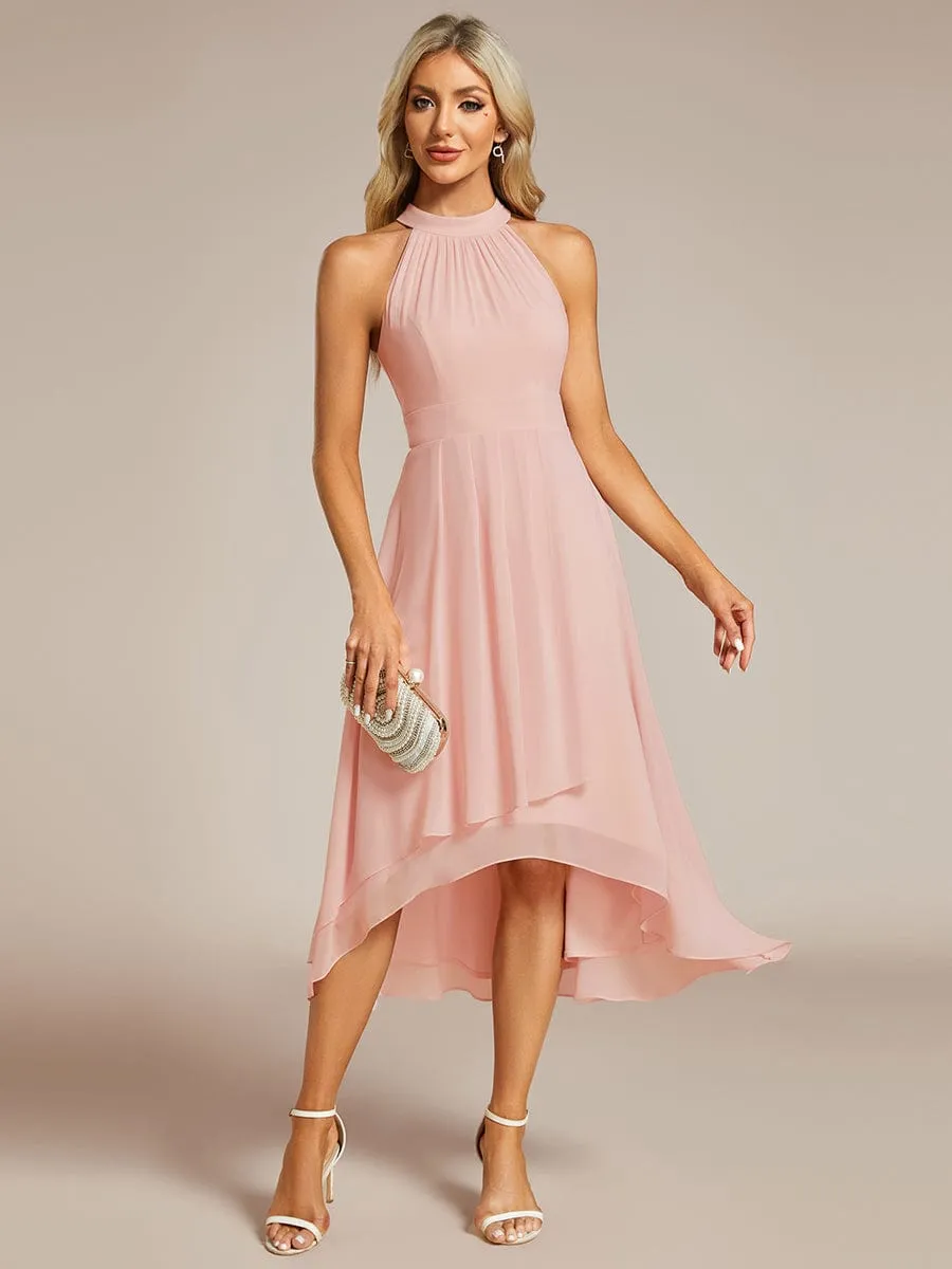 Chic Lila | Midi Halter Neck Chiffon Wedding Guest Dress with Sleeveless and A-Line