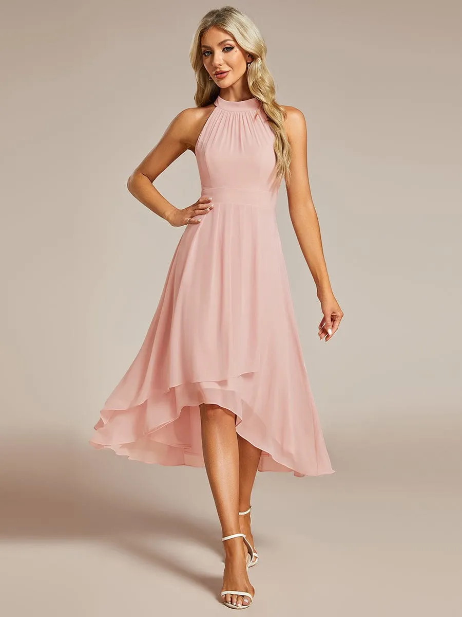 Chic Lila | Midi Halter Neck Chiffon Wedding Guest Dress with Sleeveless and A-Line