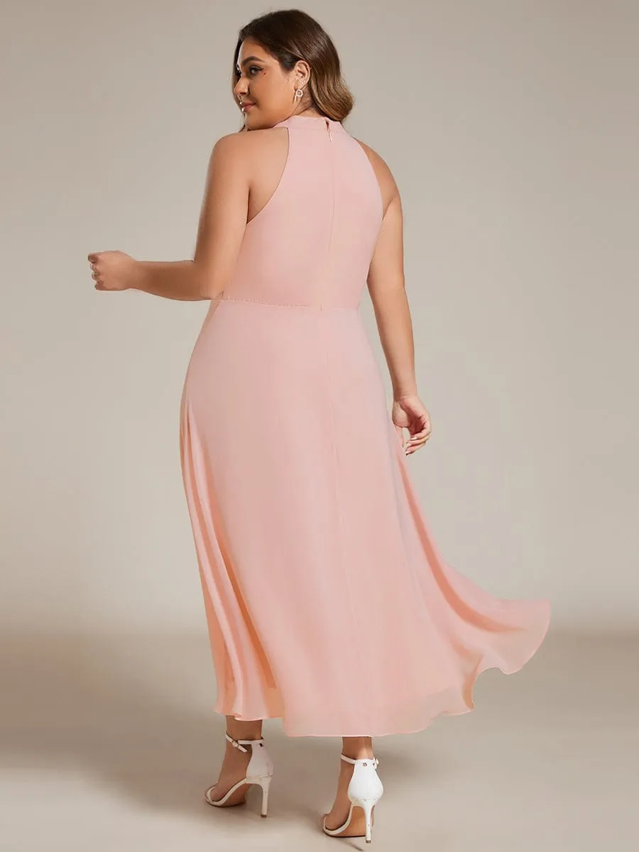 Chic Lila | Midi Halter Neck Chiffon Wedding Guest Dress with Sleeveless and A-Line