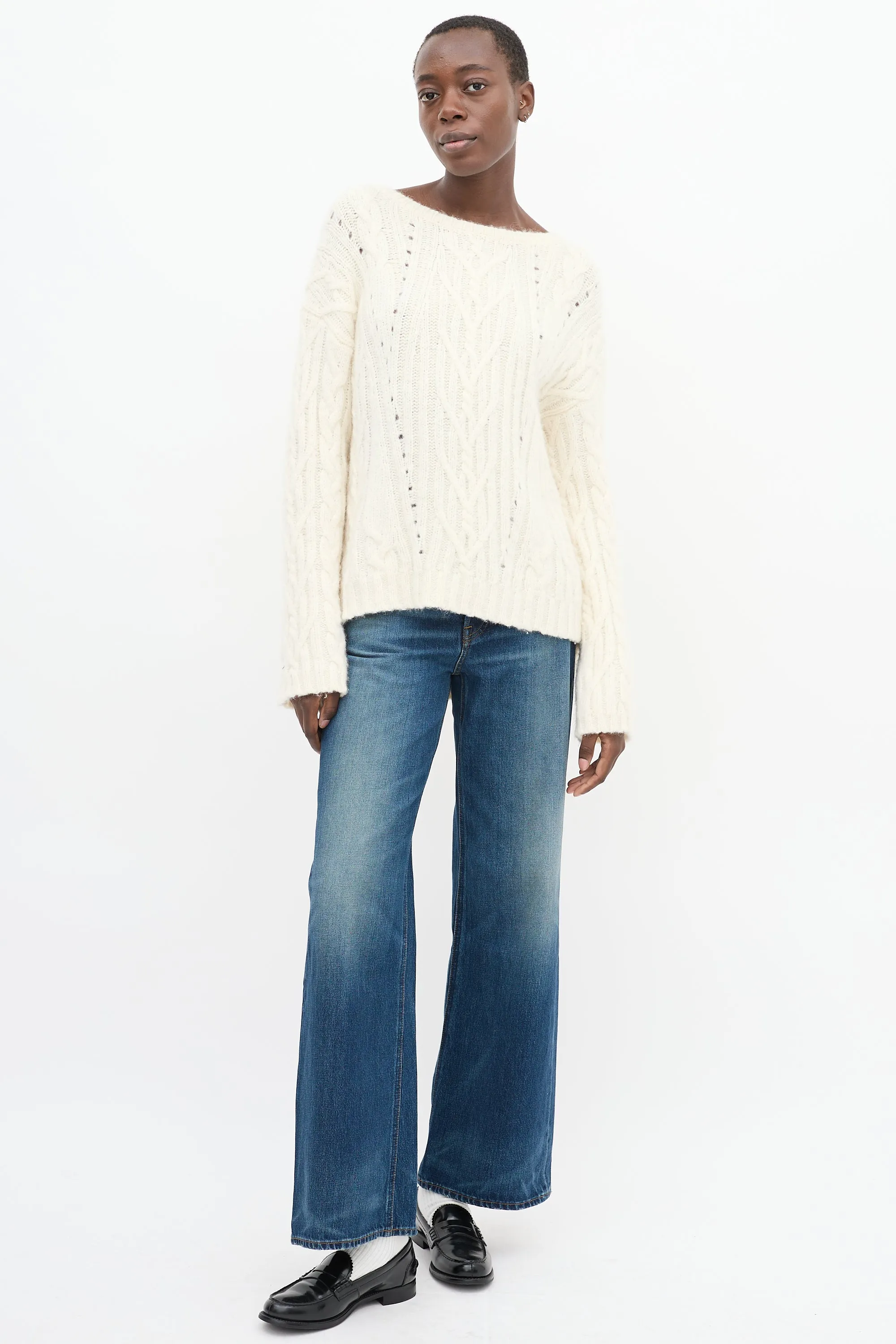 Cream Wool Cable Knit High Low Sweater