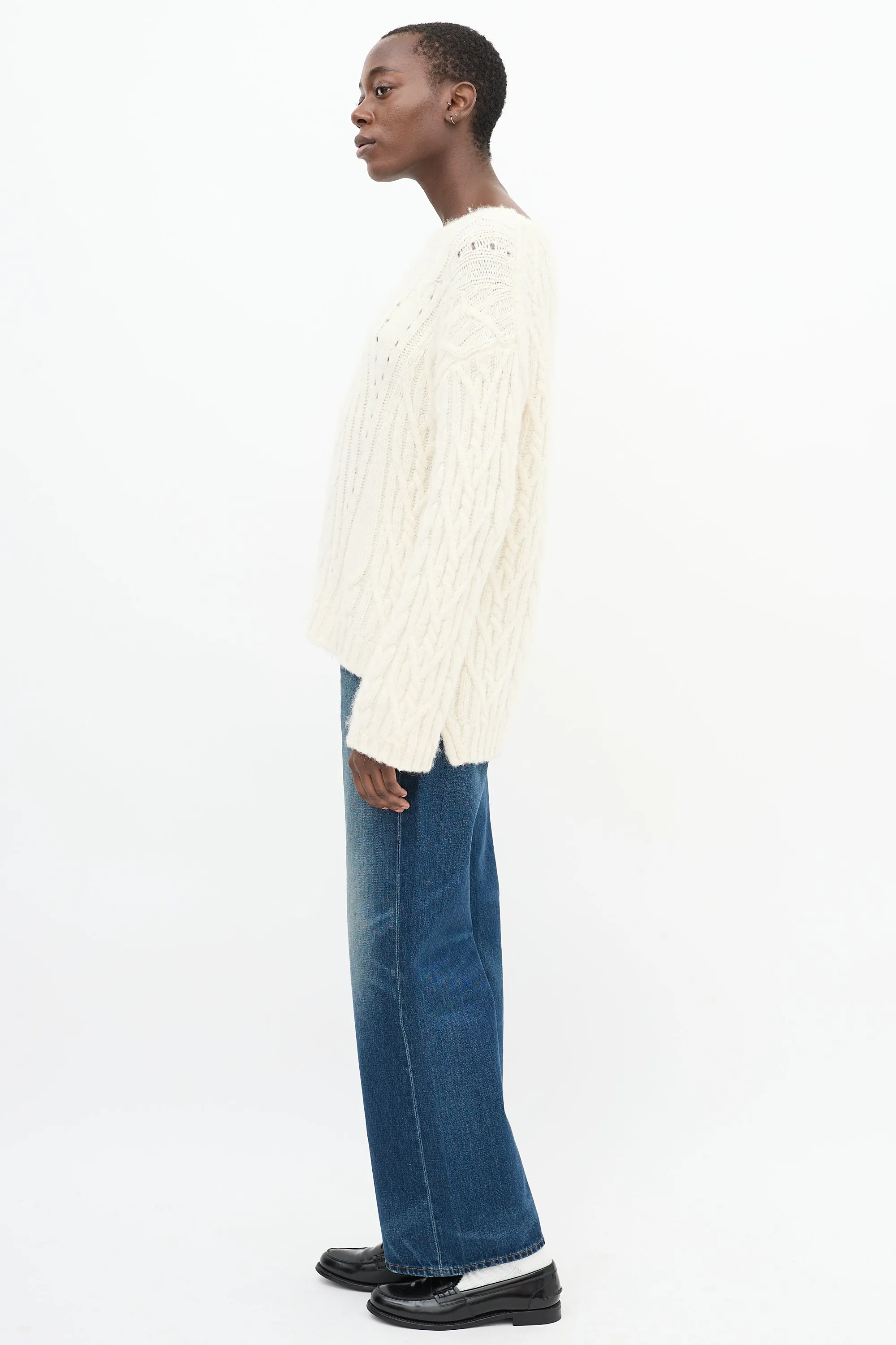 Cream Wool Cable Knit High Low Sweater