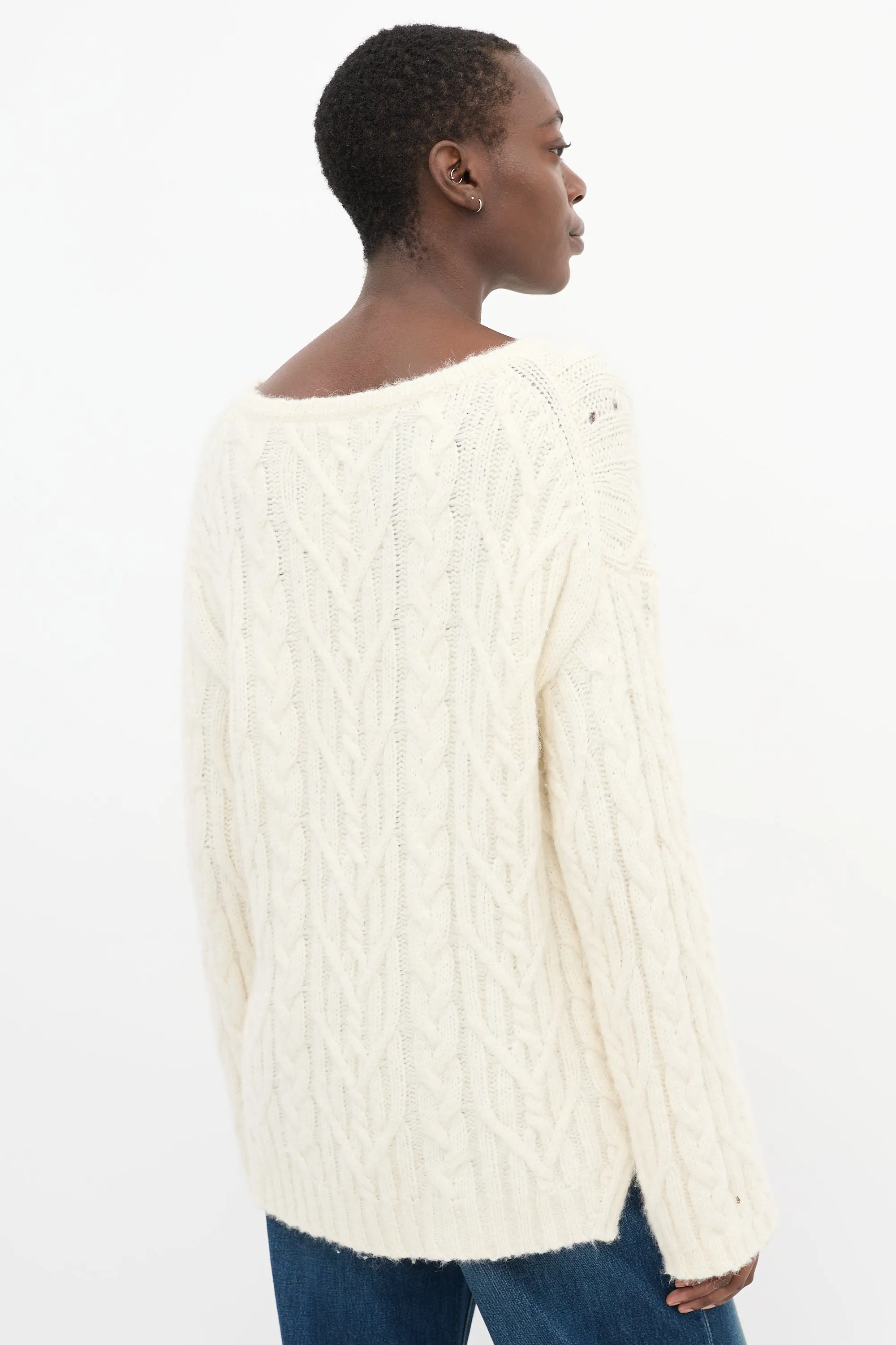 Cream Wool Cable Knit High Low Sweater