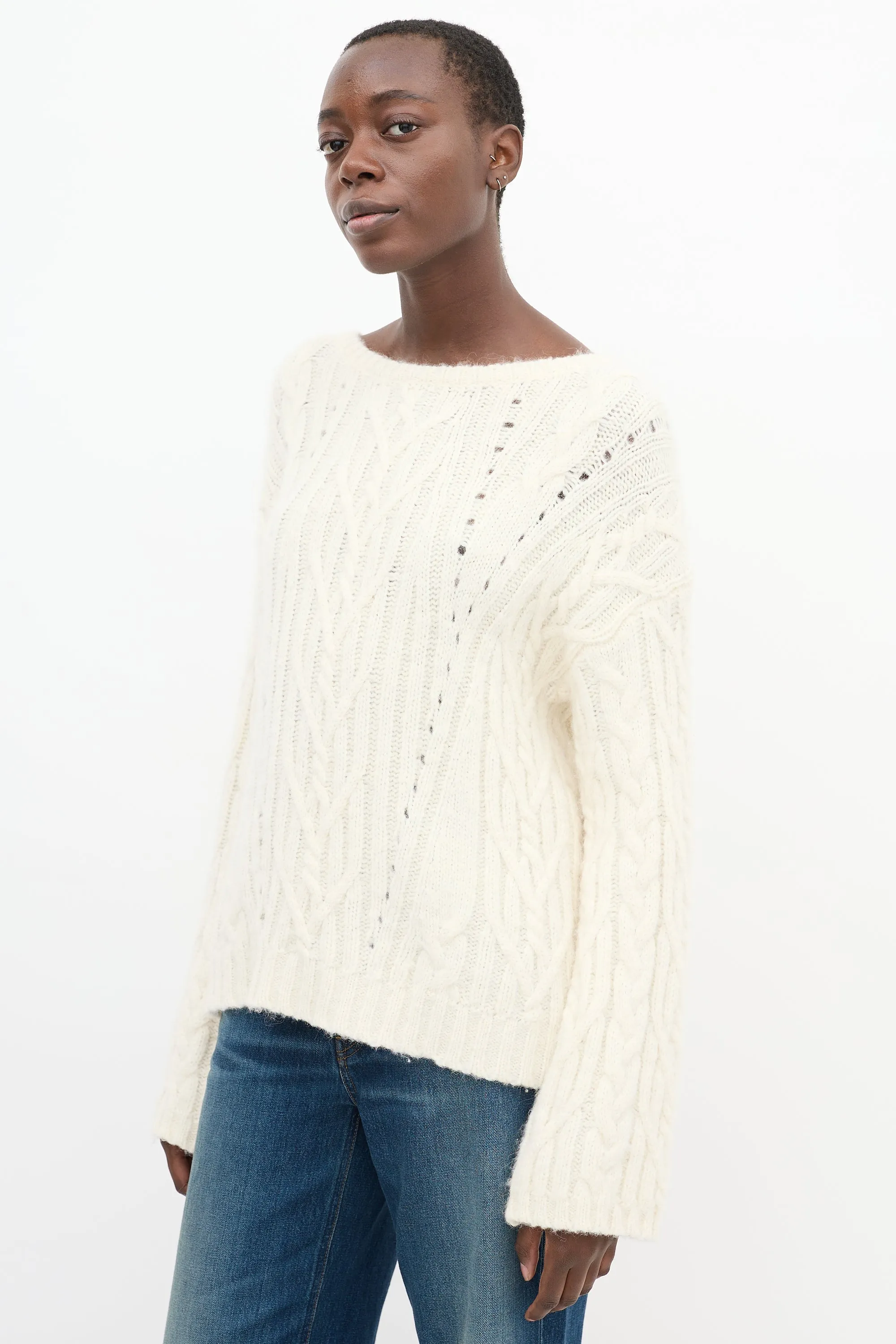 Cream Wool Cable Knit High Low Sweater