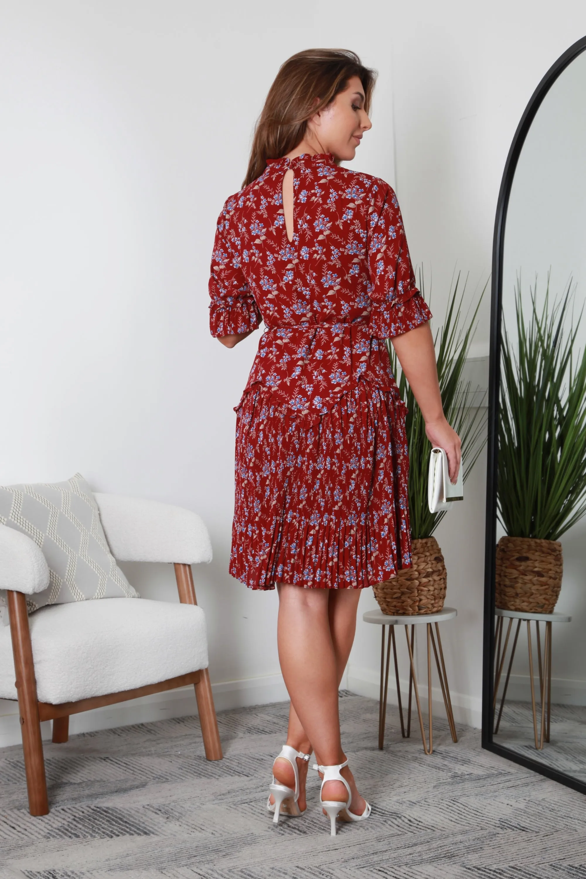 Double Second Red Floral Chiffon Pleat Detail Dress