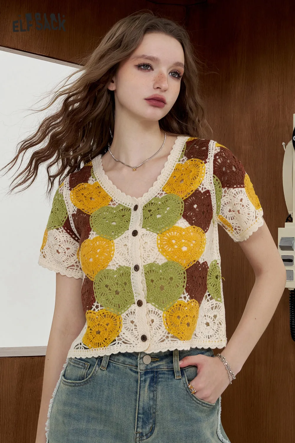 ELFSACK 2024 Summer New Arrivals Holiday style hollow knitted sweater for women, paired with a small cardigan for outerwear