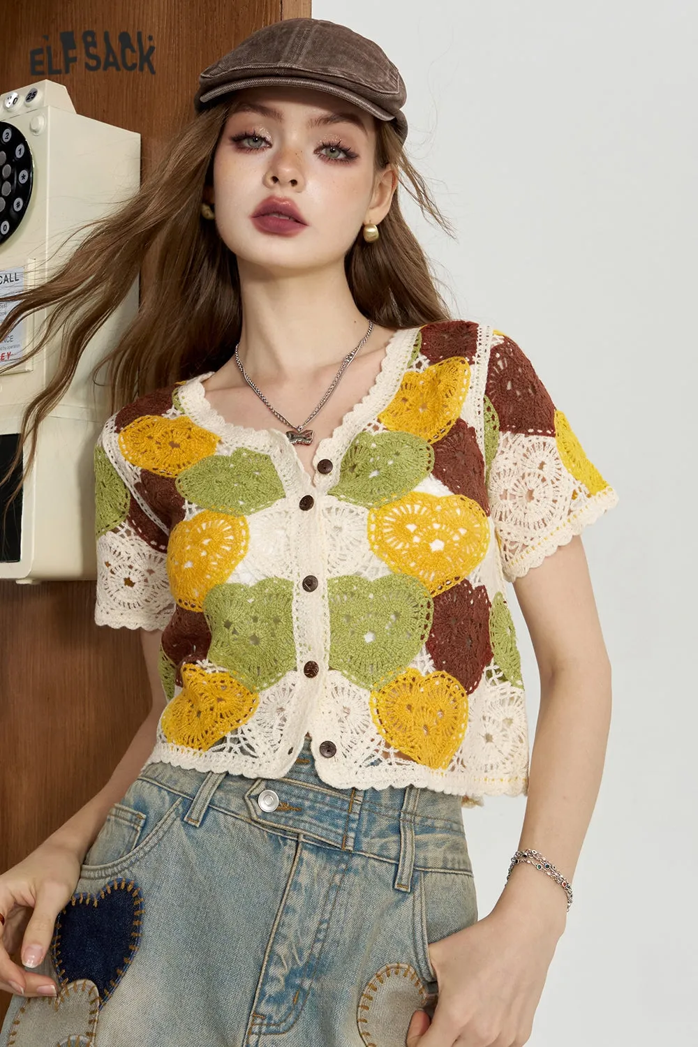 ELFSACK 2024 Summer New Arrivals Holiday style hollow knitted sweater for women, paired with a small cardigan for outerwear