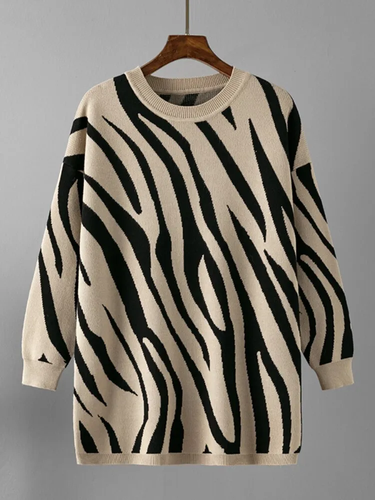 Fashion Woman Blouse 2023 Sweater Autumn Winter New Zebra Pattern Fashion Pullover Round Neck Long Sleeve Top Loose Knitwears