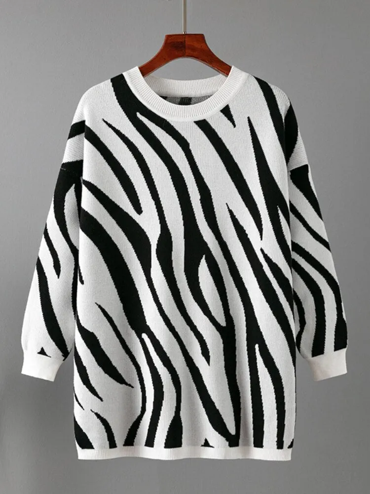 Fashion Woman Blouse 2023 Sweater Autumn Winter New Zebra Pattern Fashion Pullover Round Neck Long Sleeve Top Loose Knitwears