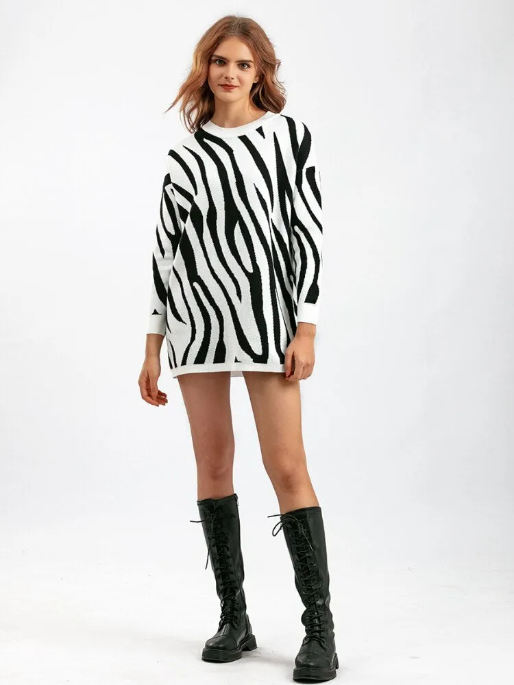 Fashion Woman Blouse 2023 Sweater Autumn Winter New Zebra Pattern Fashion Pullover Round Neck Long Sleeve Top Loose Knitwears