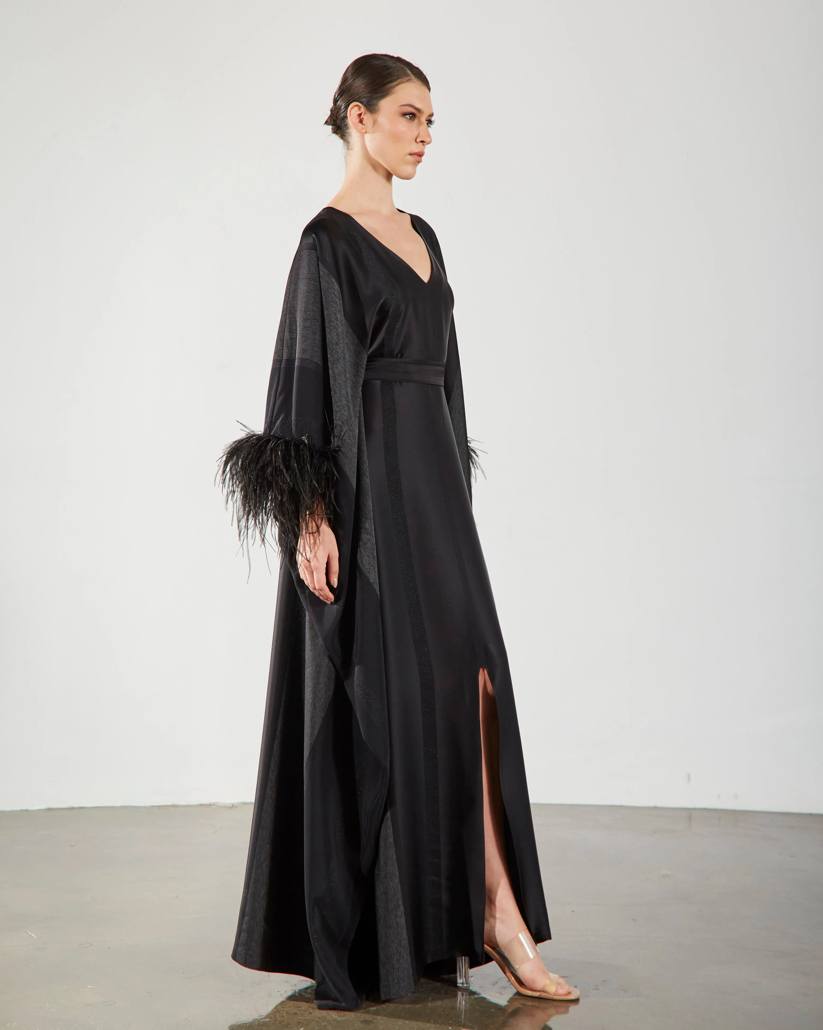 Feather Trimmed Kaftan - Black