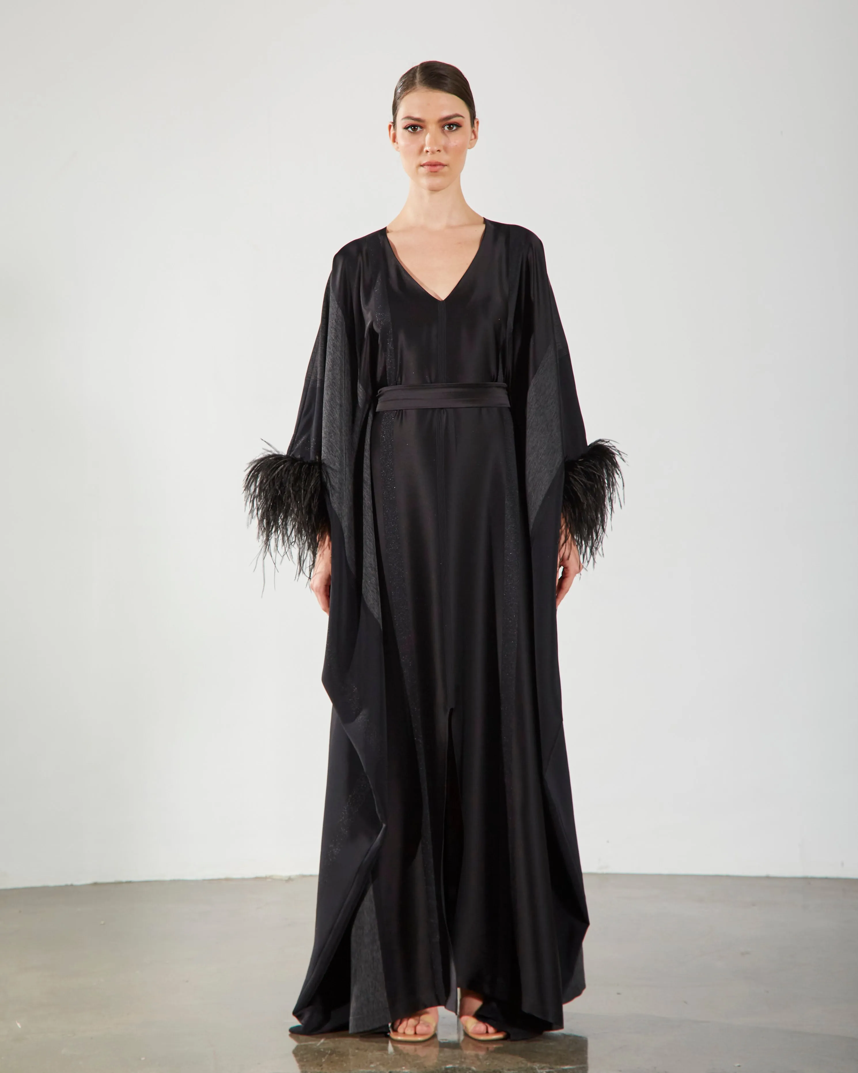 Feather Trimmed Kaftan - Black