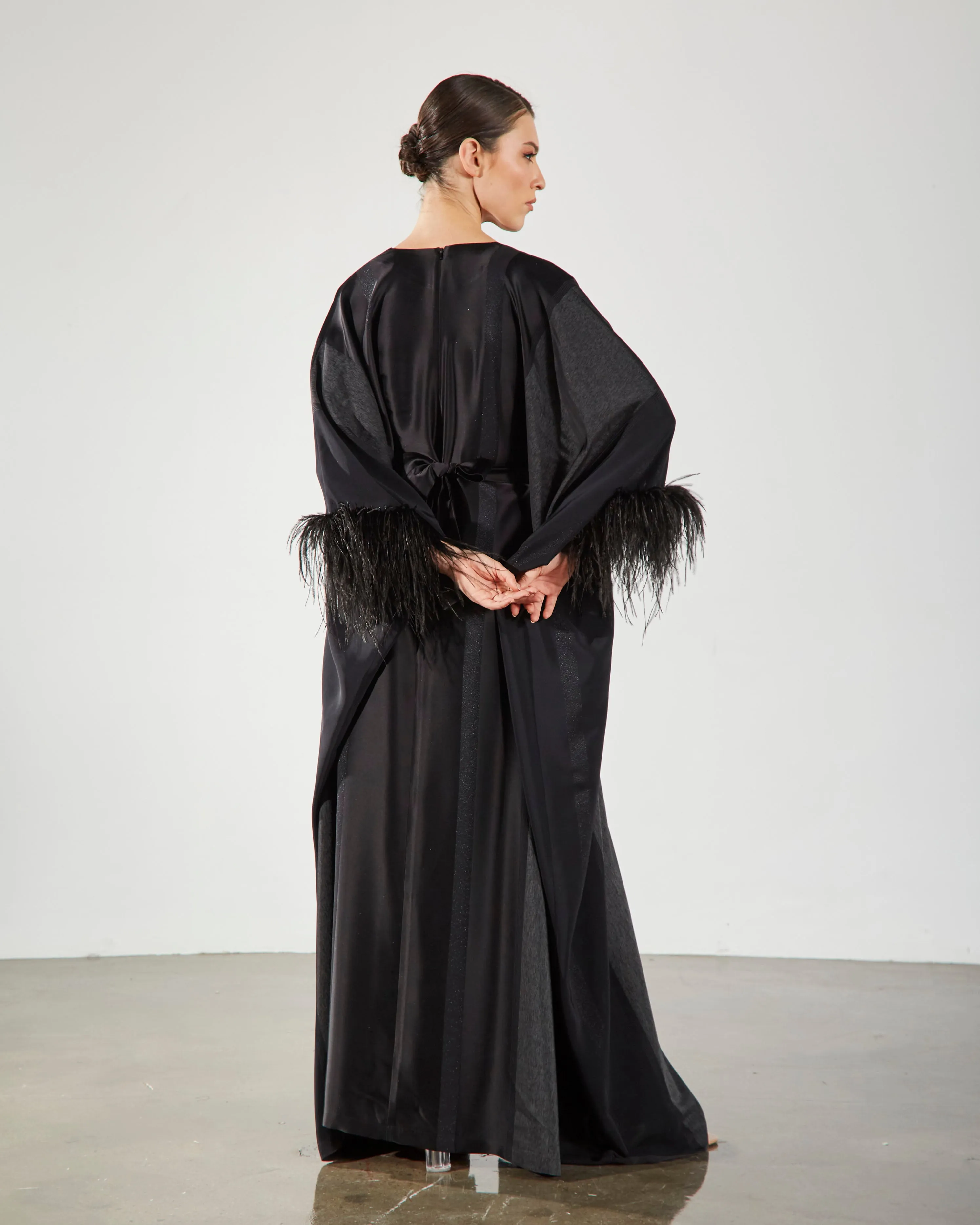 Feather Trimmed Kaftan - Black