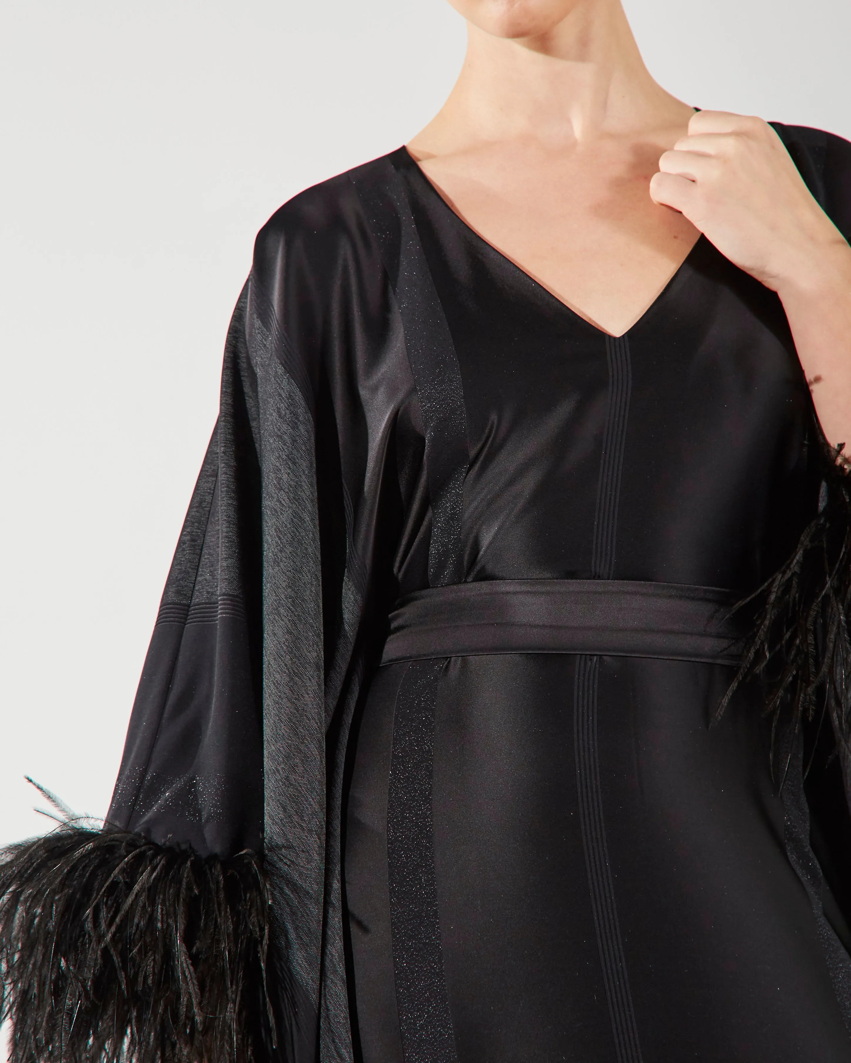 Feather Trimmed Kaftan - Black