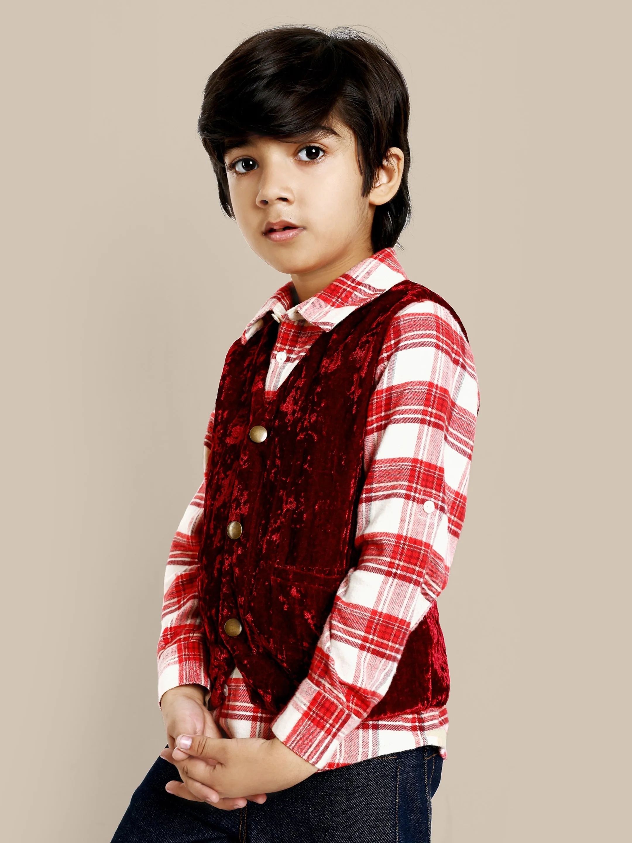 George Stylish Velvet Boys Vest - Wine