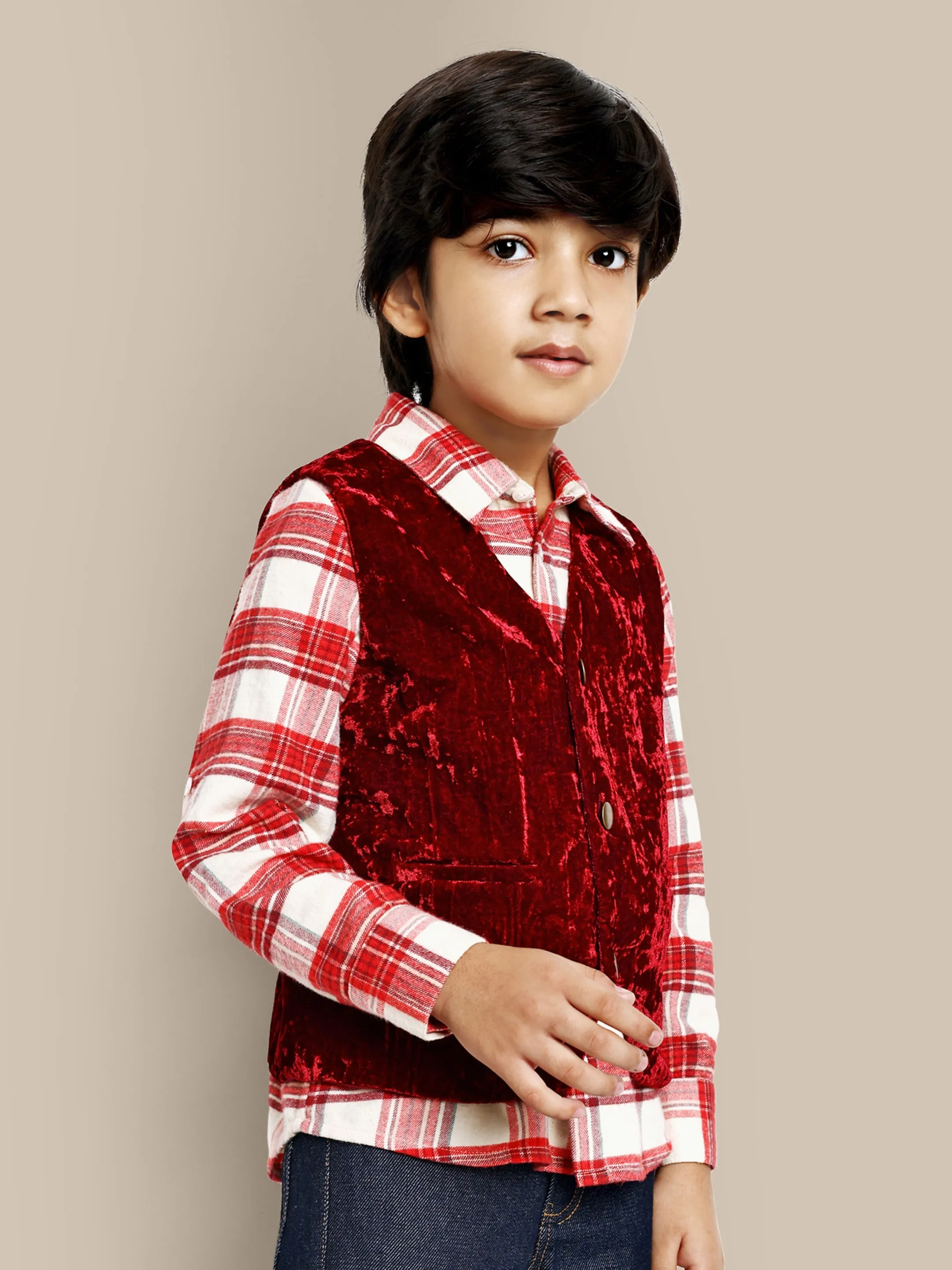 George Stylish Velvet Boys Vest - Wine