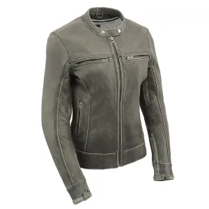 GRAY Leather MLL2550 Women's ‘Scooter ‘Distressed Grey Leather Motorcycle Riding Vented Jacket