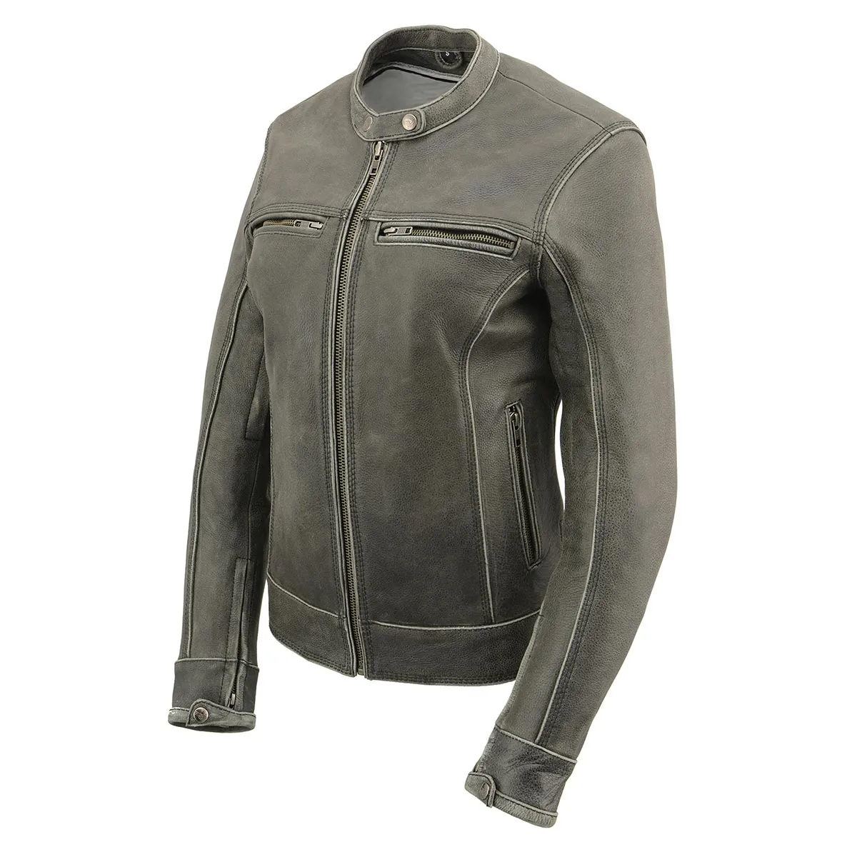 GRAY Leather MLL2550 Women's ‘Scooter ‘Distressed Grey Leather Motorcycle Riding Vented Jacket