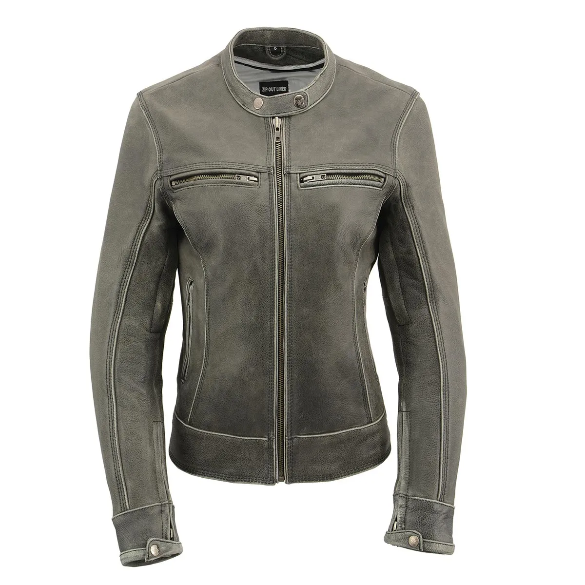 GRAY Leather MLL2550 Women's ‘Scooter ‘Distressed Grey Leather Motorcycle Riding Vented Jacket