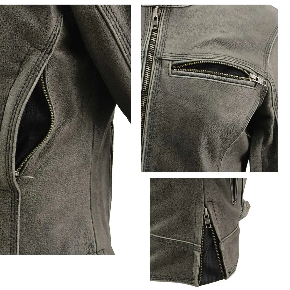 GRAY Leather MLL2550 Women's ‘Scooter ‘Distressed Grey Leather Motorcycle Riding Vented Jacket