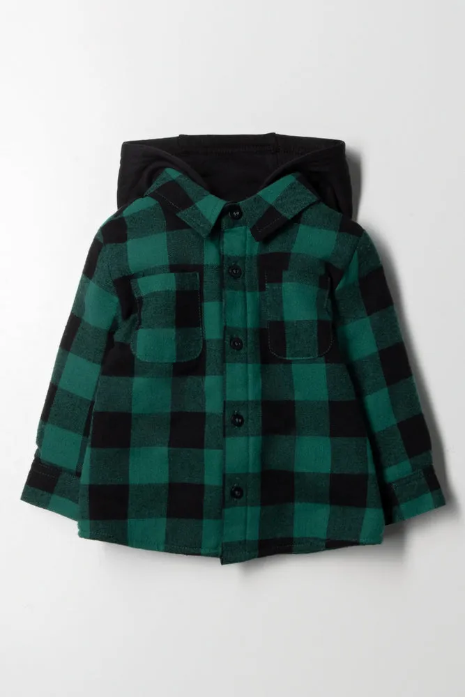 Hooded Check Shacket Black and Teal