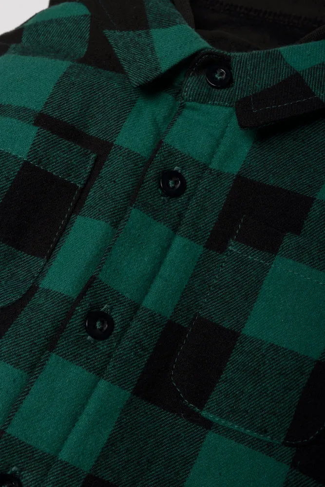 Hooded Check Shacket Black and Teal