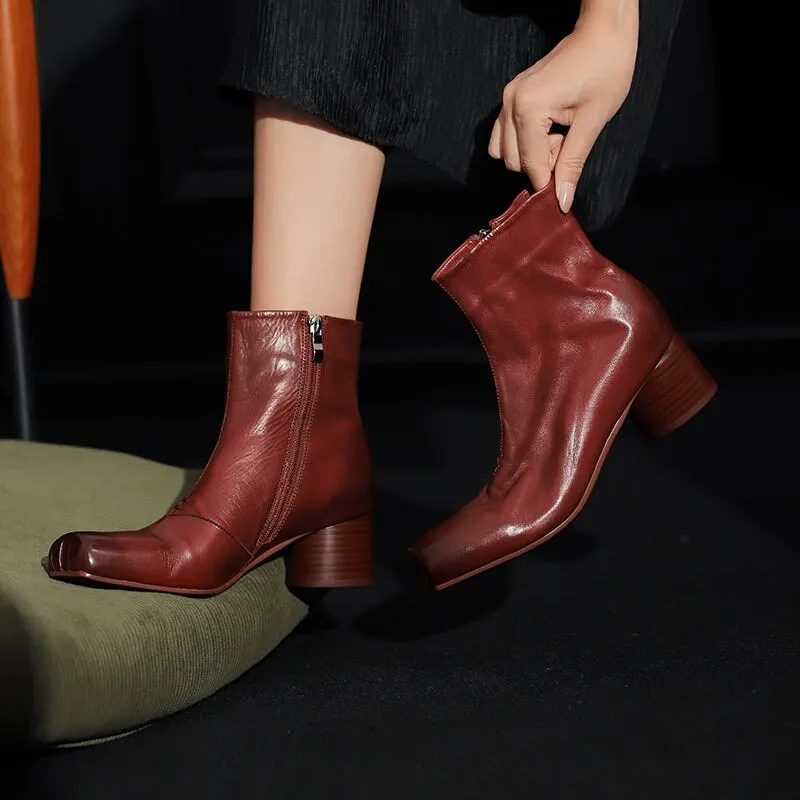 Leather Ankle Boots Comfortable Walking Round Chelsea Boots Side Zip in Red/Black/Brown