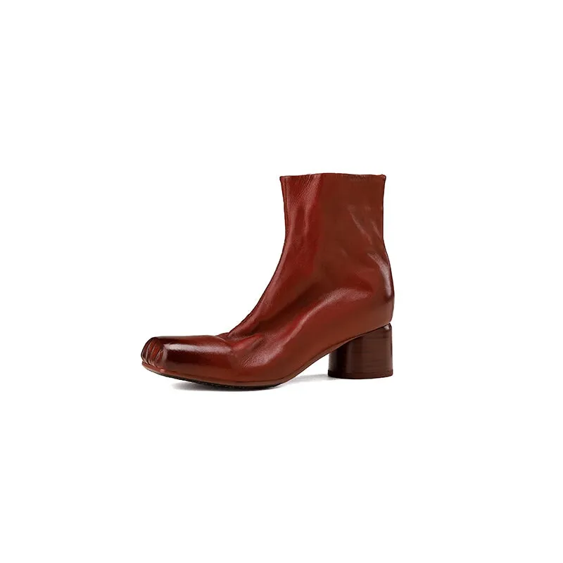 Leather Ankle Boots Comfortable Walking Round Chelsea Boots Side Zip in Red/Black/Brown