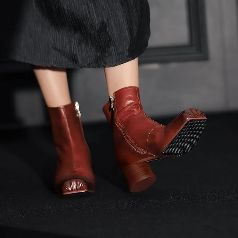 Leather Ankle Boots Comfortable Walking Round Chelsea Boots Side Zip in Red/Black/Brown