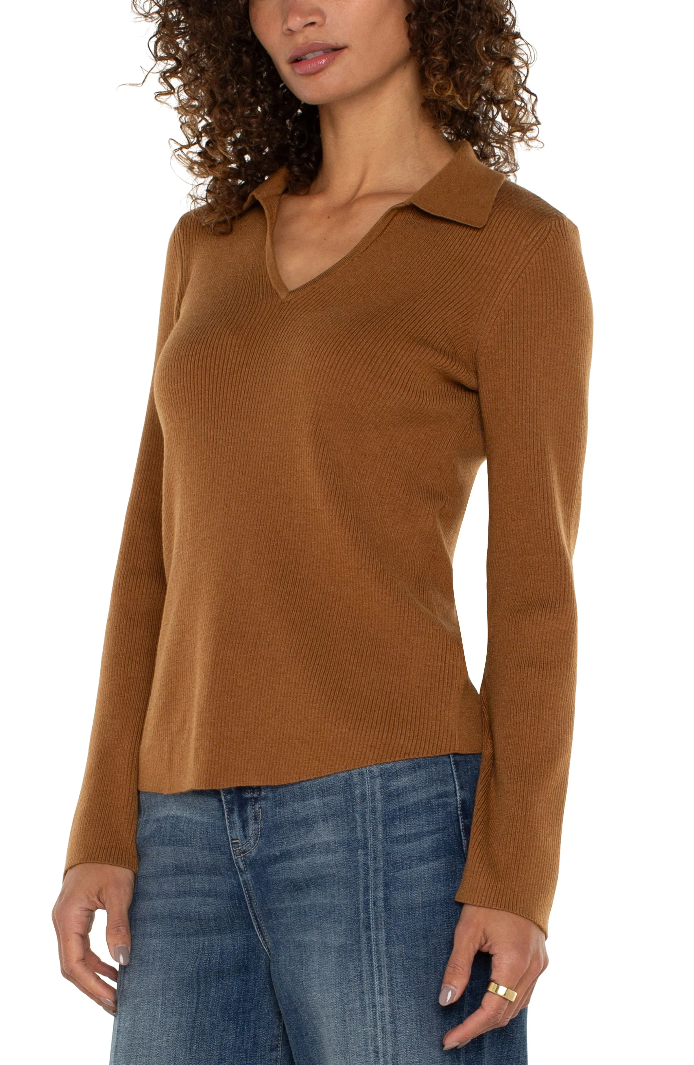 Liverpool Long Sleeve V Neck Collared Sweater (Tumeric)